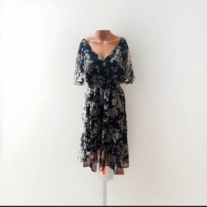 Lapis Black Floral V-Neck Tiered Ruffle Midi Dress Puff Sleeves Flowy Boho SM